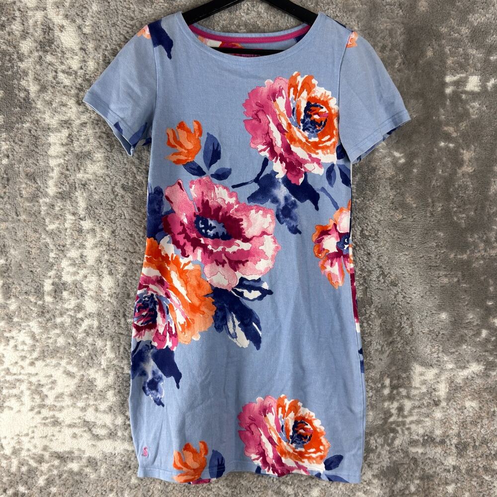 Joules Size 2 Floral Print Mini Shirt Dress Blue Short Sleeve Casual Pullover